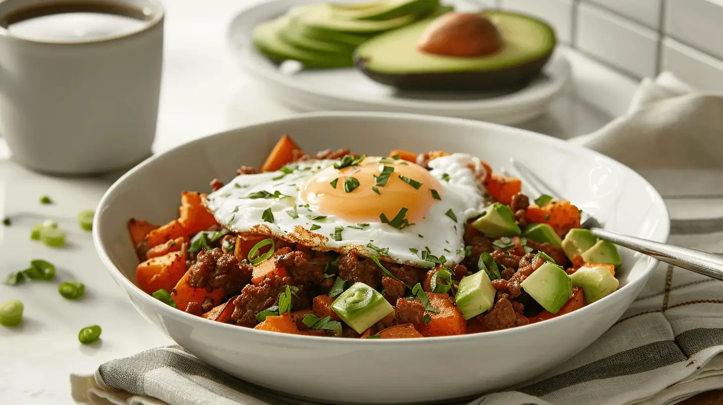 A white bowl of Beefy Sweet Potato Hash topped with a runny egg and avocado slices, served in a modern kitchen setting.