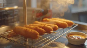 Golden corndogs cooling on a wire rack with mustard and ketchup on the side in a modern kitchen setting.