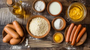 A top-down view of corndog ingredients including cornmeal, flour, eggs, hot dogs, buttermilk, and skewers on a rustic wooden surface.