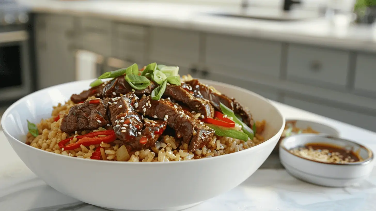 A modern kitchen setting featuring a bowl of beef and vegetable fried rice, garnished with scallions and sesame seeds, next to small sauce bowls.