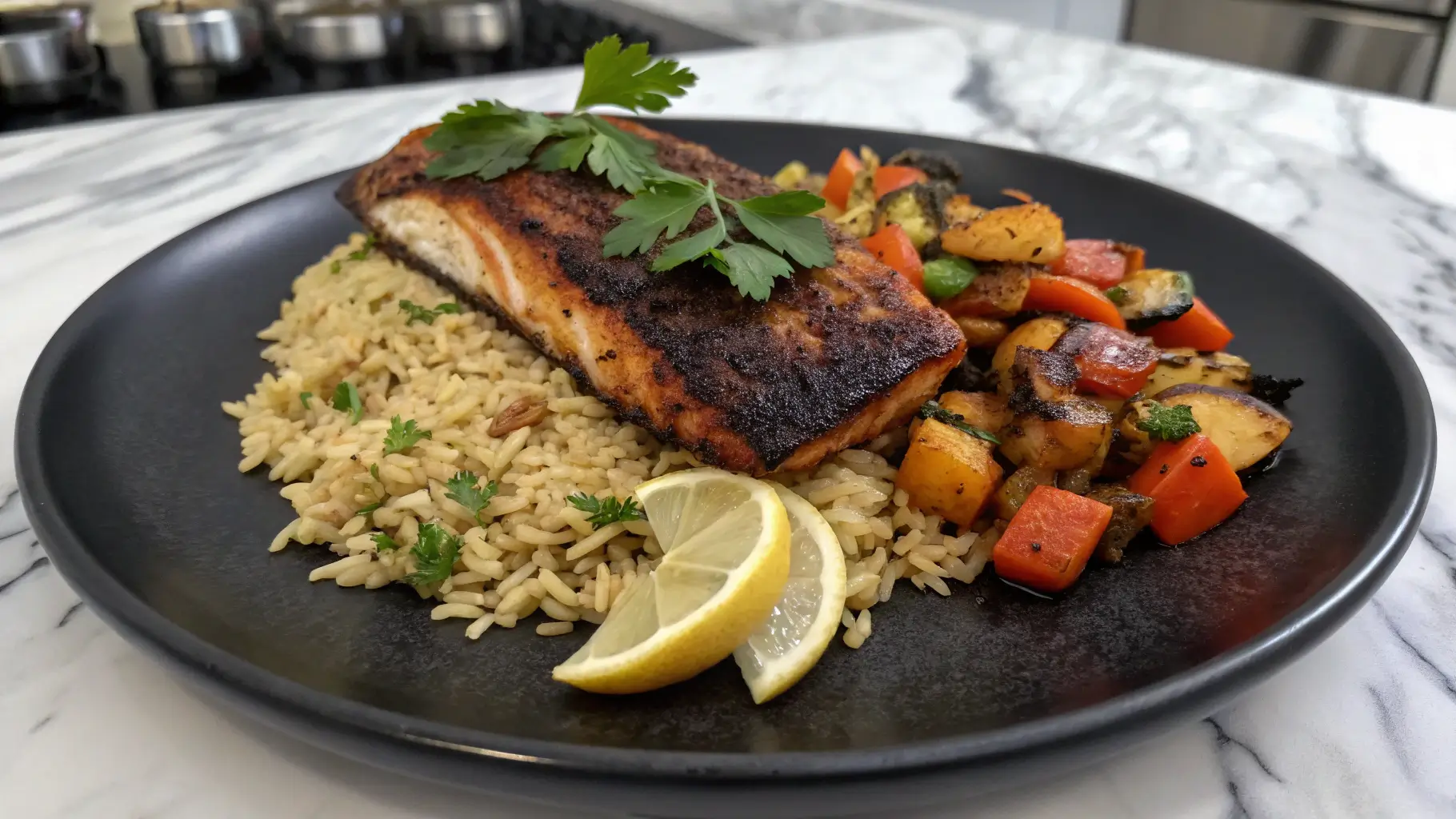 A plated blackened fish dish over rice with roasted vegetables, garnished with lemon, in a sleek modern kitchen.
