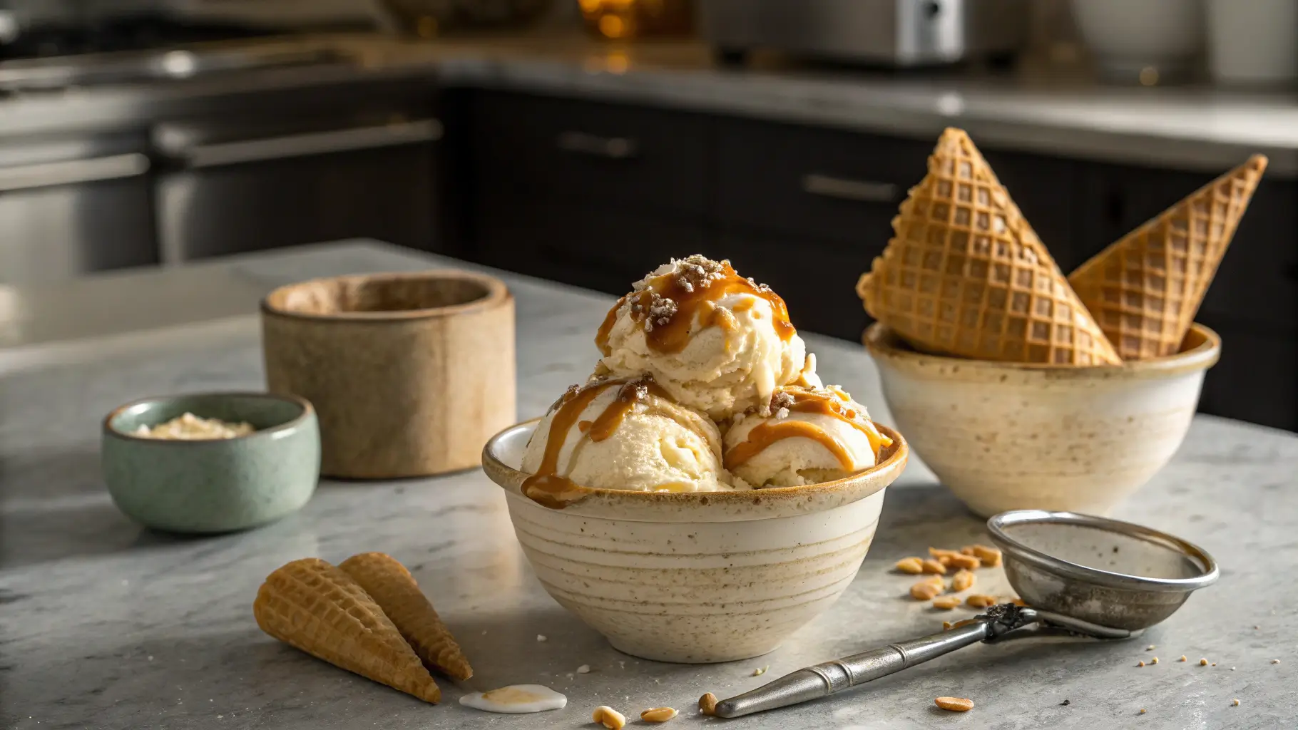 Scoops of Butterscotch Ripple Ice Cream in bowls on a modern kitchen counter, with sauce drizzle and waffle cones.
