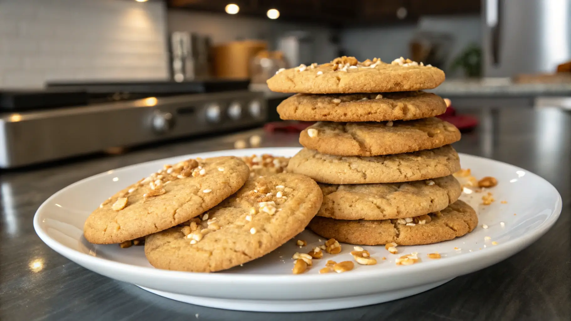 A plate of freshly baked chewy peanut butter cookies with golden edges and chopped peanuts, set on a modern kitchen counter.