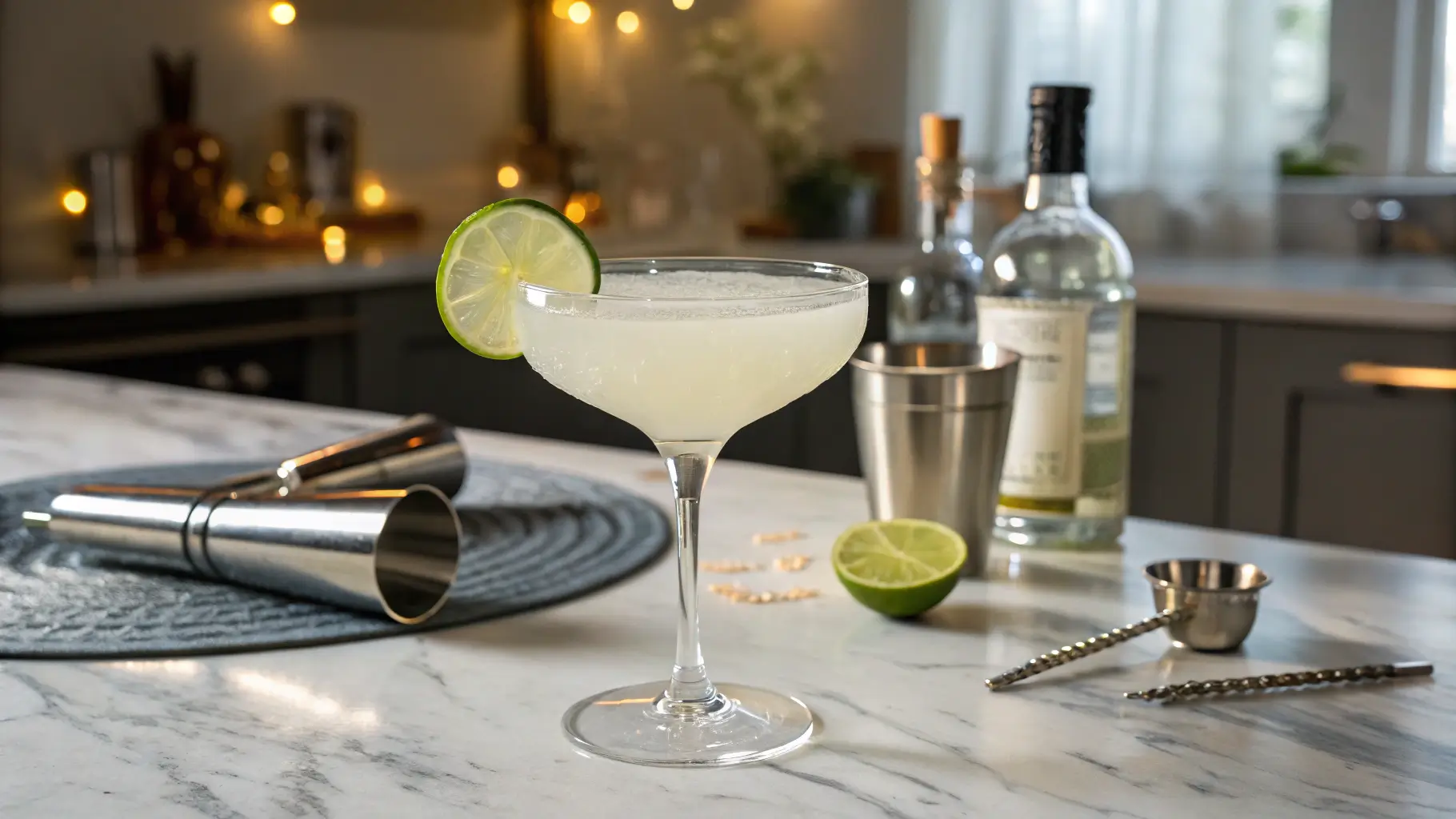 A finished Daiquiri cocktail garnished with lime in a coupe glass, set on a marble kitchen counter with a modern ambiance.