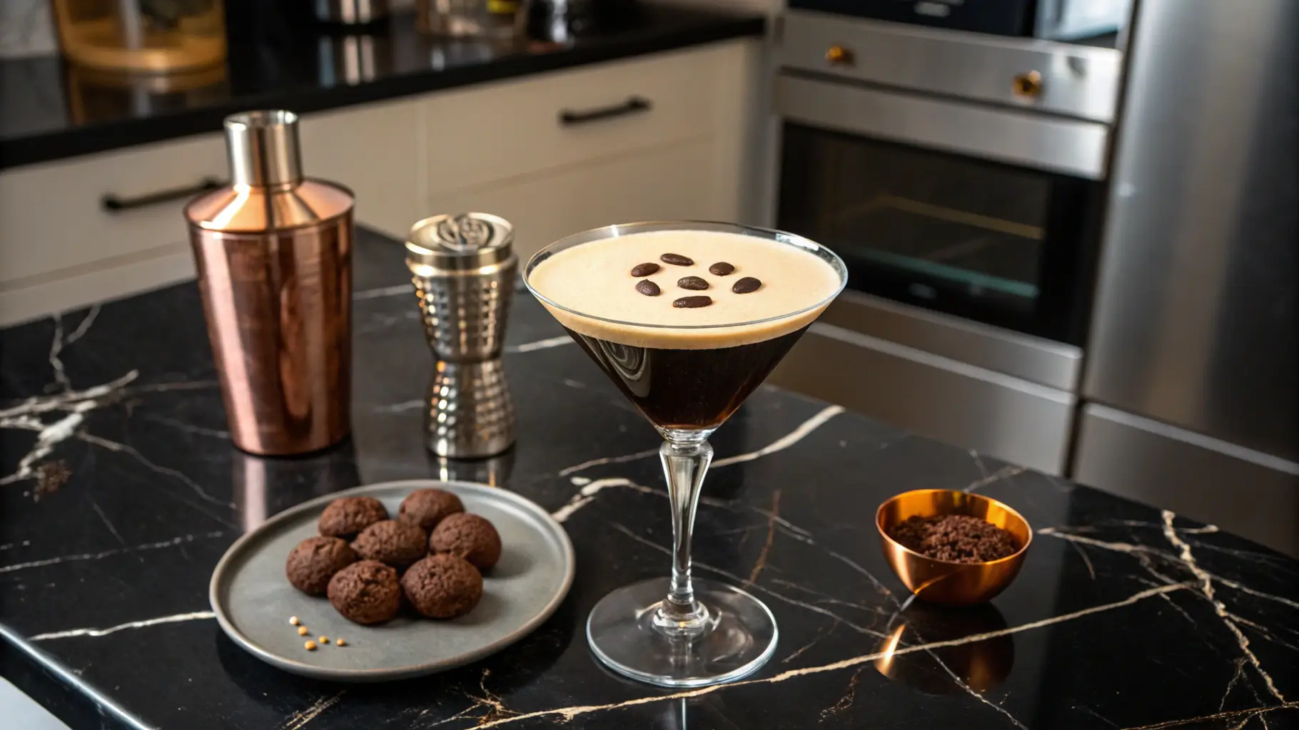 A finished espresso martini in a modern kitchen, garnished with coffee beans and served next to a copper shaker and chocolate truffles.