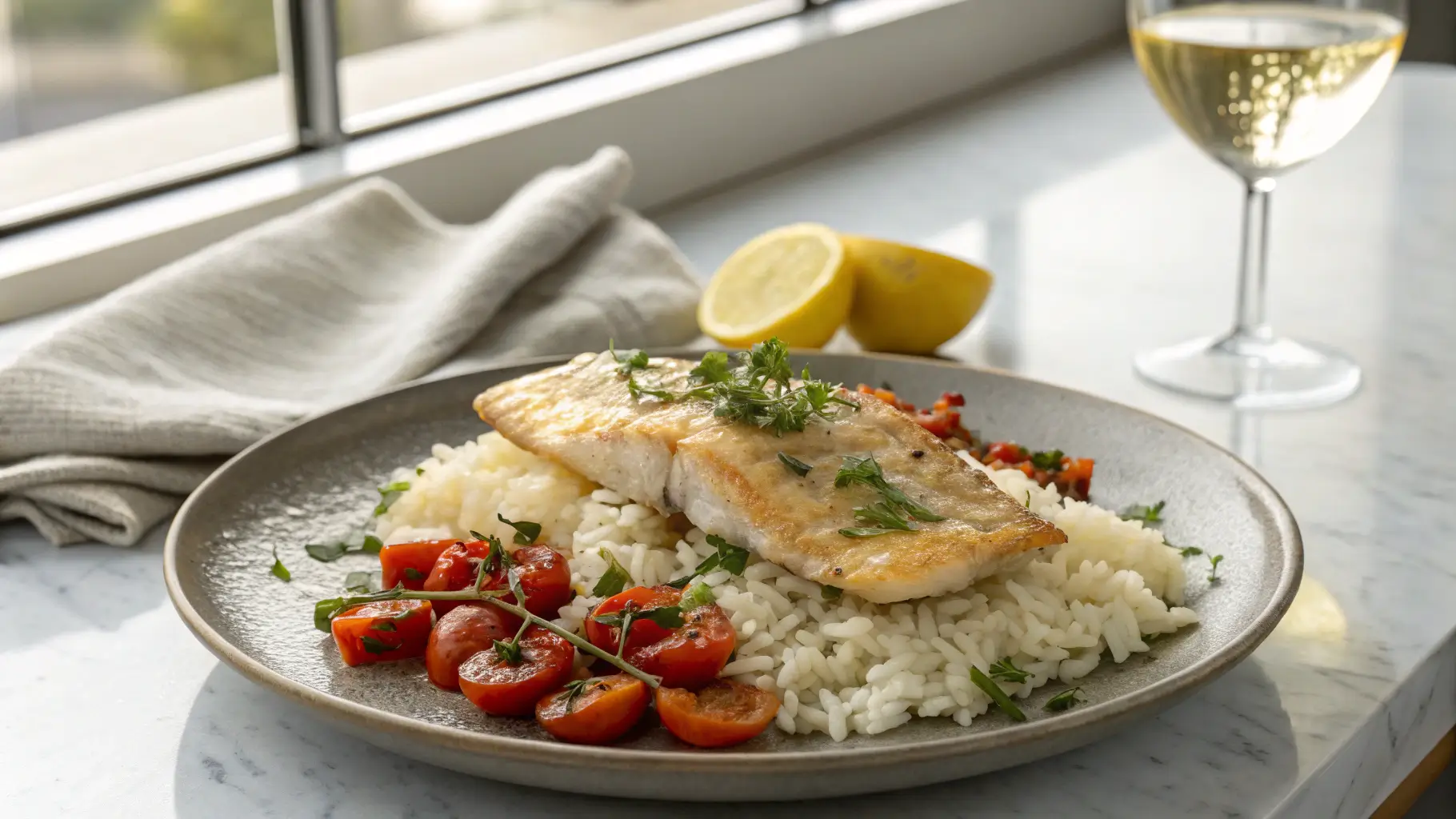Finished fish and rice dish plated with roasted tomatoes, herbs, and lemon, served in a modern kitchen with warm lighting.