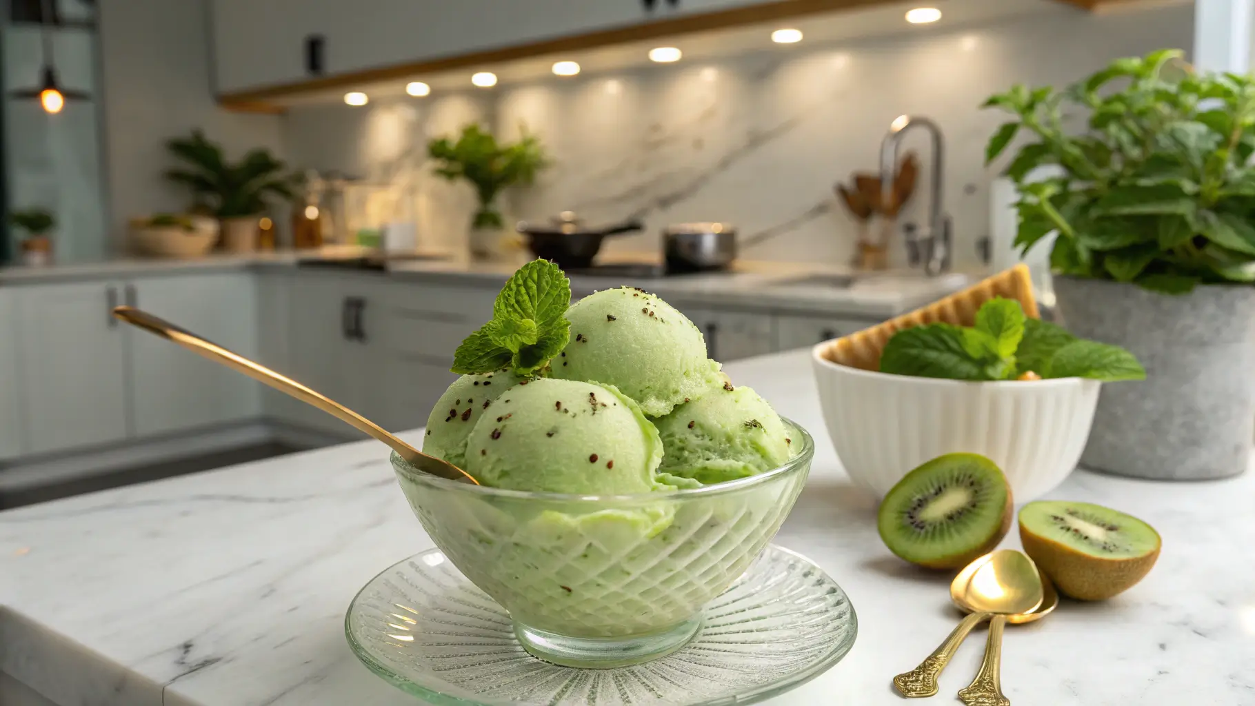 A bowl of kiwi ice cream served in a frosted glass dish, garnished with fresh kiwi slices and mint, placed on a modern kitchen counter.
