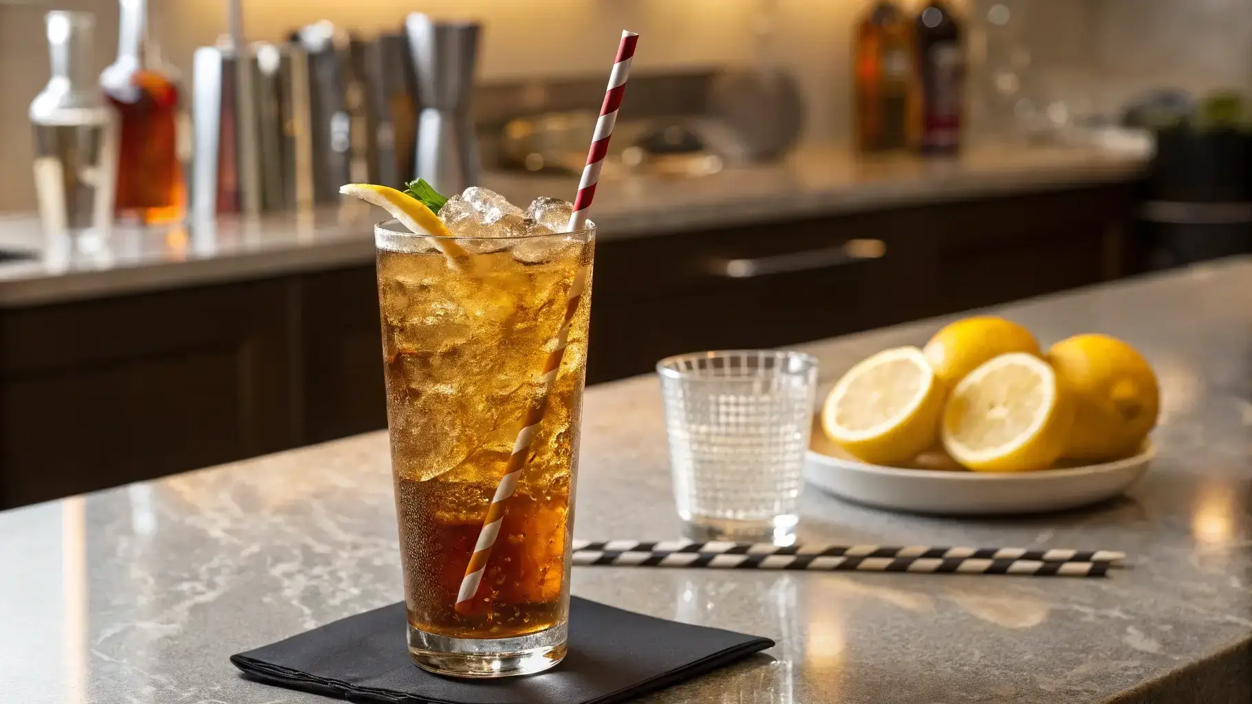 A finished Long Island Iced Tea cocktail with a lemon wheel garnish in a highball glass, served with ice in a modern kitchen.