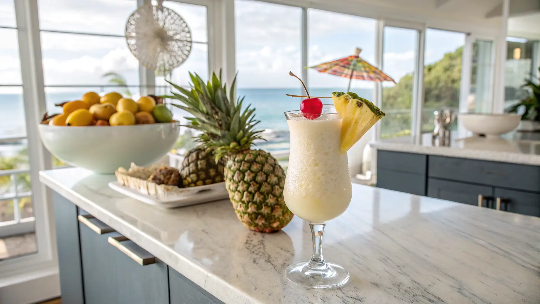 A final Piña Colada cocktail served in a frosted glass with tropical garnish, displayed in a modern kitchen with tropical décor and natural lighting.