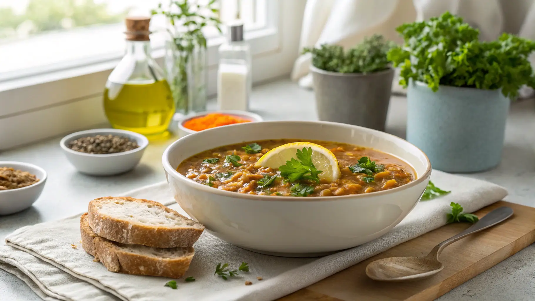 A bowl of Mediterranean lentil soup garnished with parsley and served with bread in a modern kitchen with natural light.