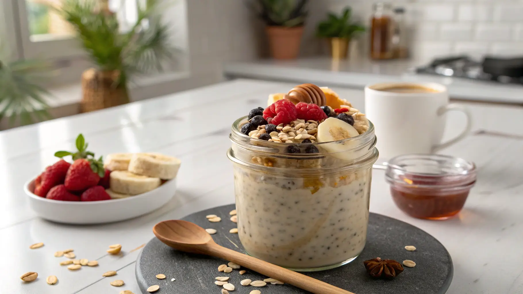 A jar of creamy overnight oatmeal topped with berries, banana, nuts, and honey, on a modern kitchen island.