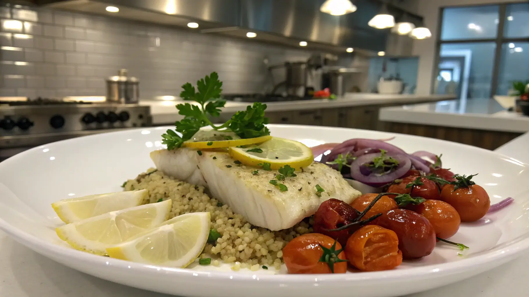 A plated Pollock fish dinner with herbs, lemon, quinoa, and roasted vegetables in a modern kitchen setting.