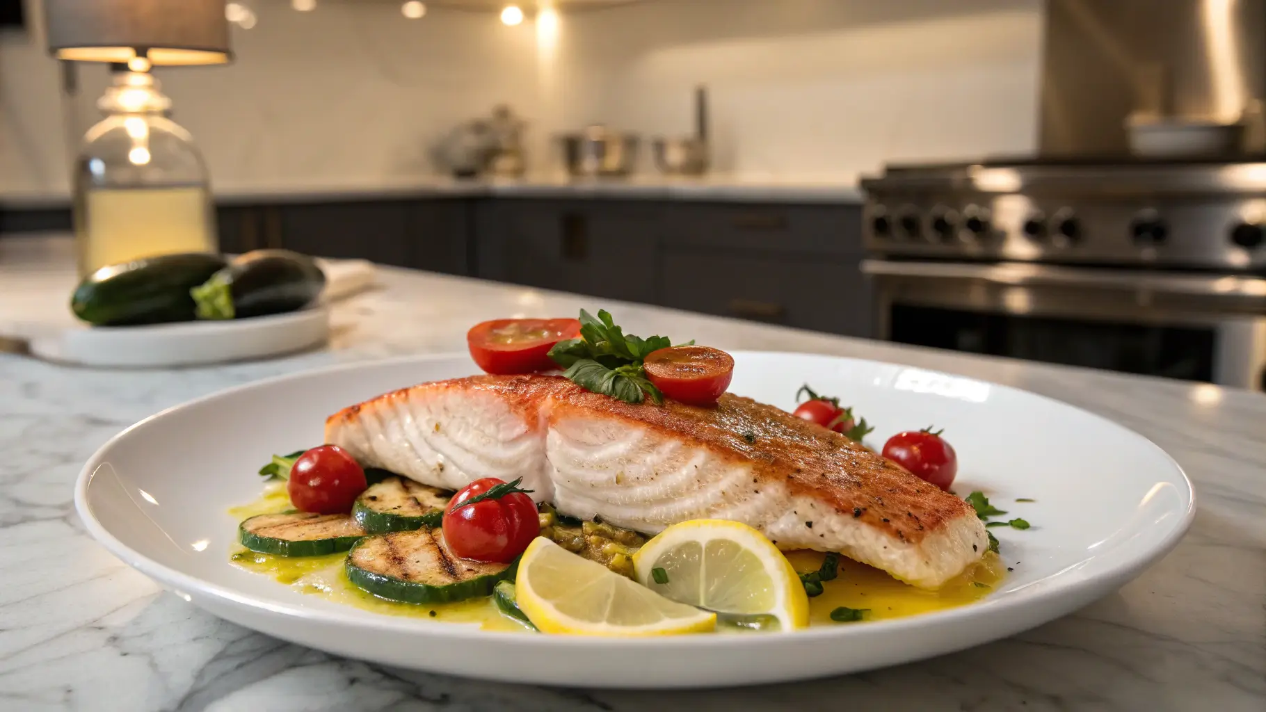 Golden cooked red fish fillet served with roasted vegetables and garnished with lemon in a modern kitchen setting.