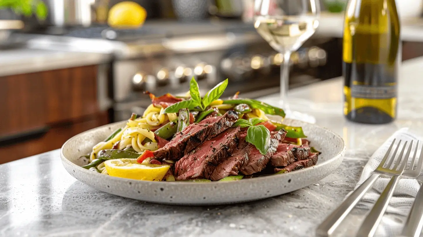 A plated dish of sliced sirloin and colorful pasta salad with sugar snap peas and cherry tomatoes, served in a sleek modern kitchen.