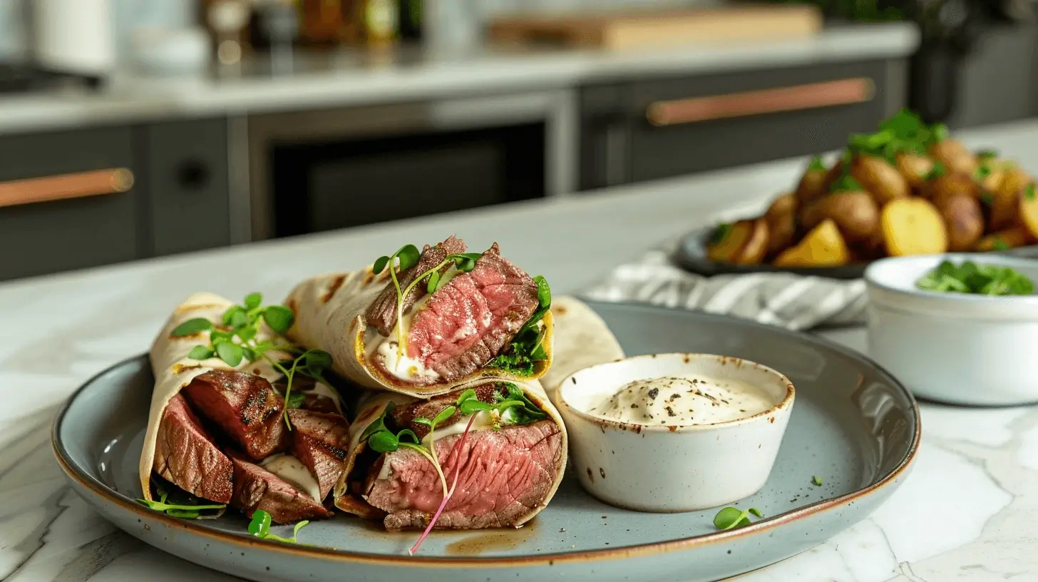 Final presentation of steak and blue cheese wraps served with roasted potato wedges and aioli in a modern kitchen.