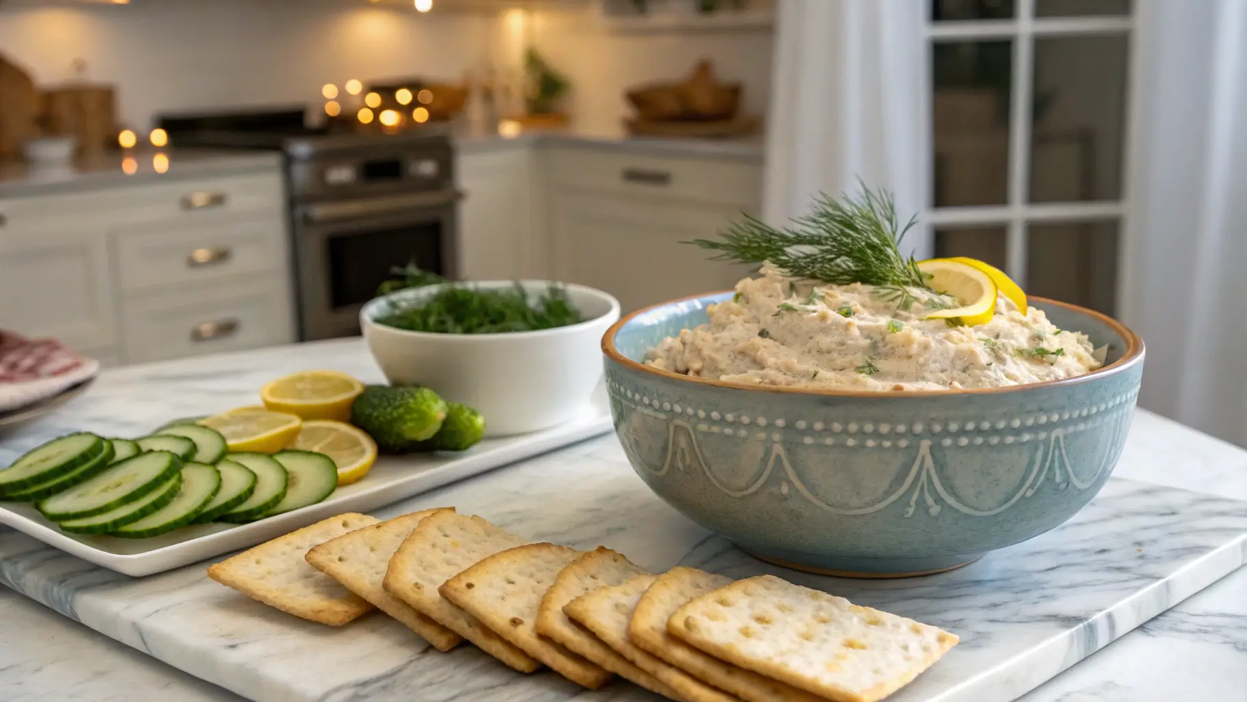 A beautifully plated smoked fish dip in a ceramic bowl with lemon zest and dill, served with party snacks in a modern kitchen.