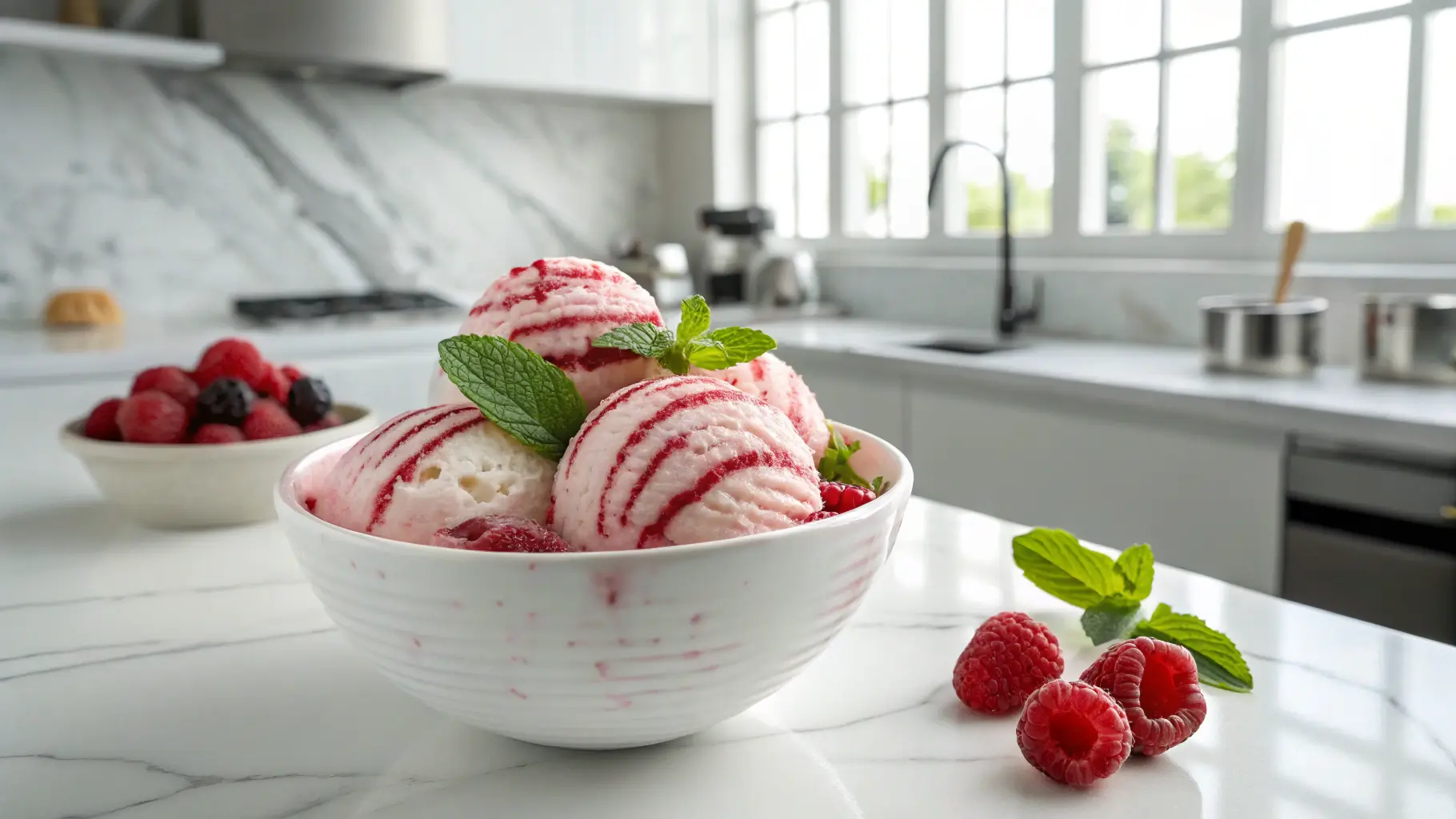 Scoops of Raspberry Cloud Ice Cream in a bowl with mint and fresh raspberries, served in a modern kitchen setting.