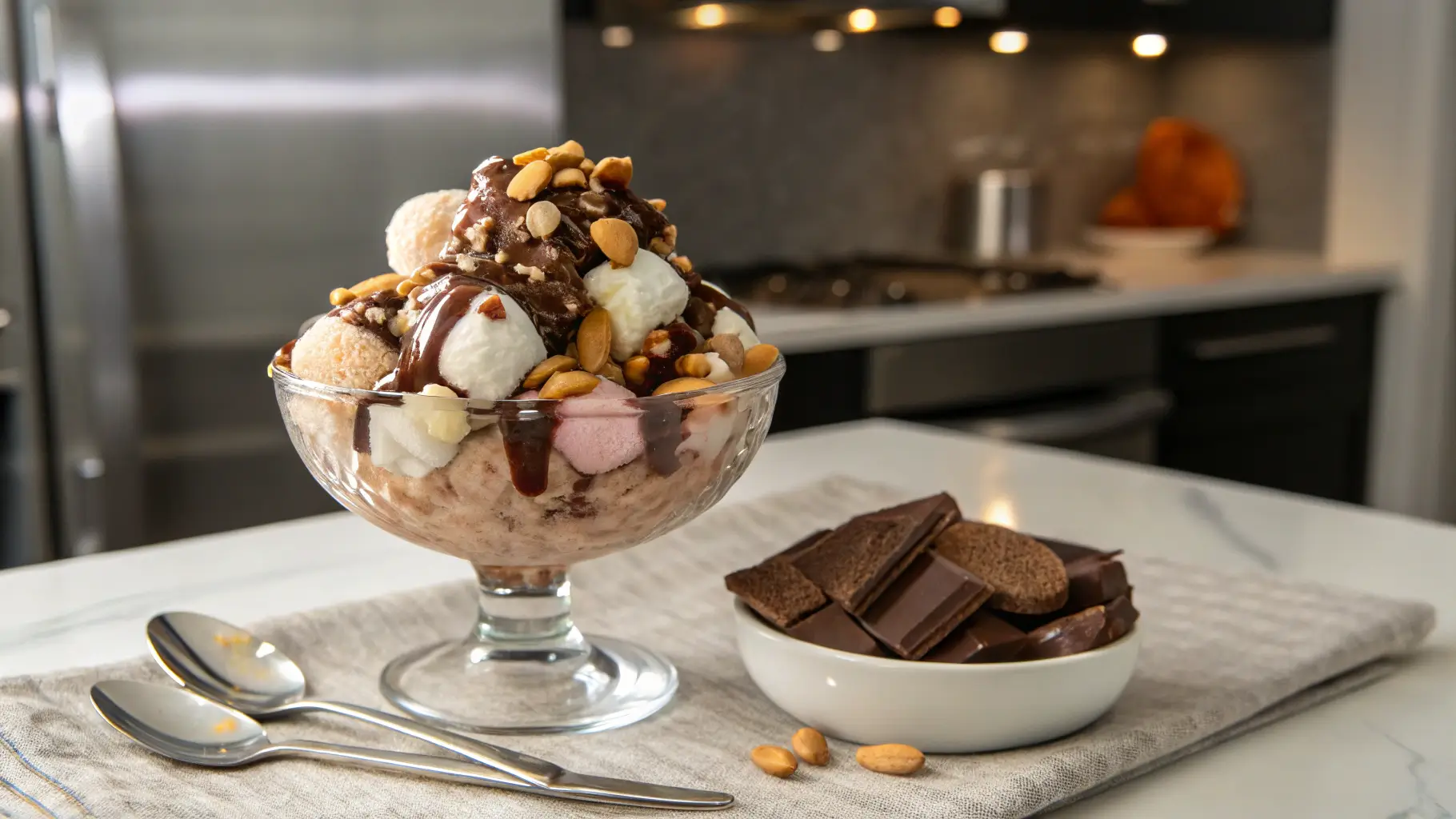 A bowl of Rocky Road Magic Ice Cream with marshmallows, almonds, chocolate chunks, and syrup, served in a modern kitchen.