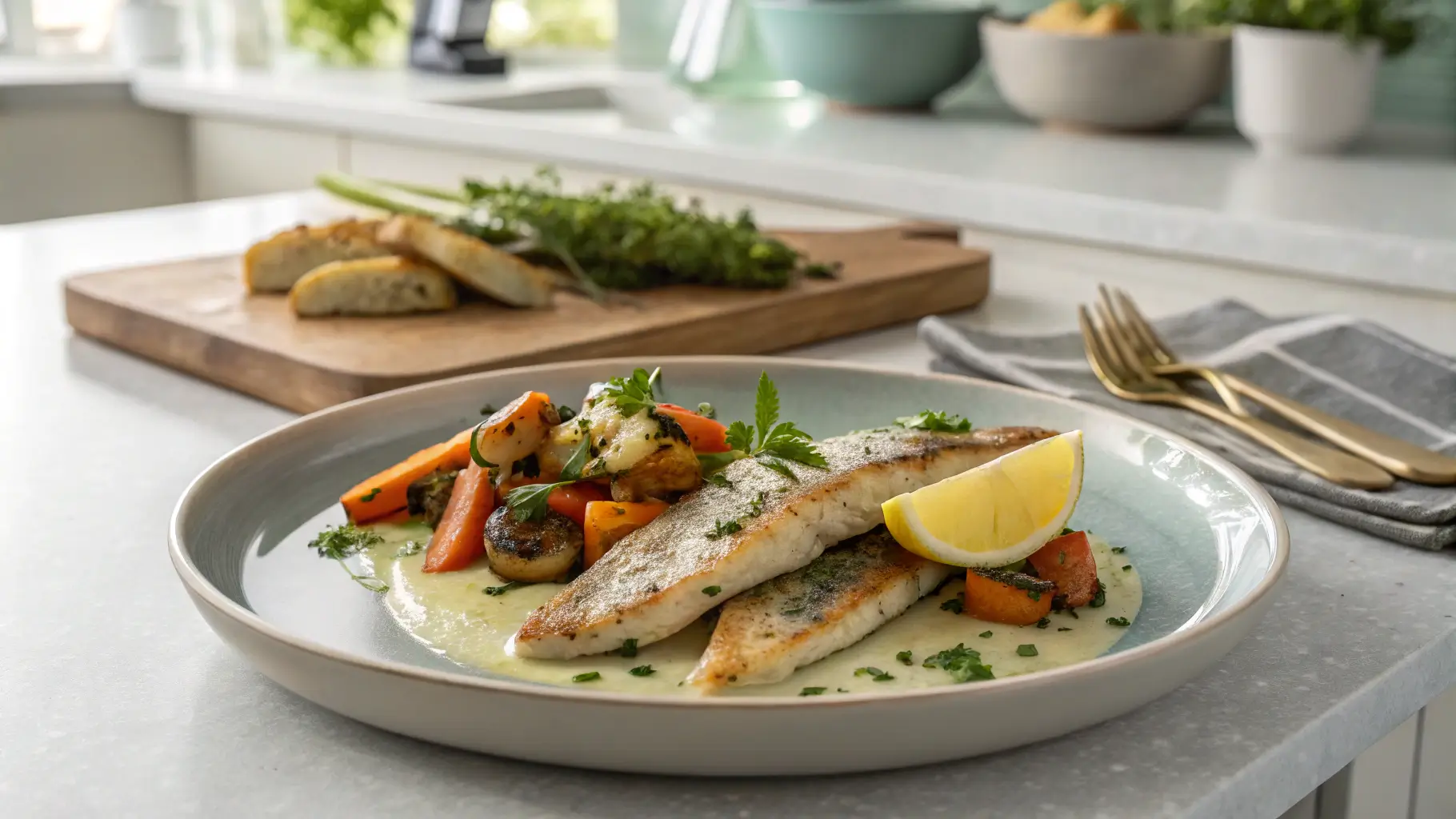 Final plated whiting fish fillets with roasted vegetables, lemon, and herb sauce on a ceramic plate in a modern kitchen setting.