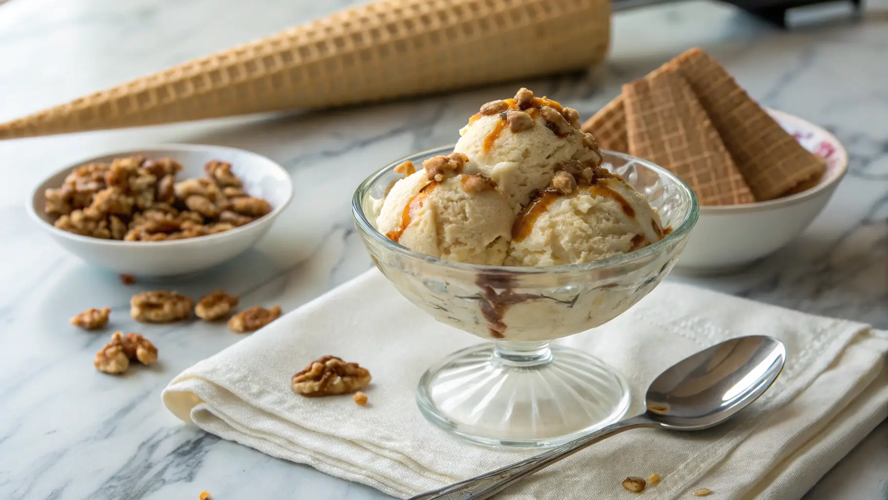 A scoop of maple walnut ice cream topped with syrup and walnuts, served in a dessert bowl in a modern kitchen.