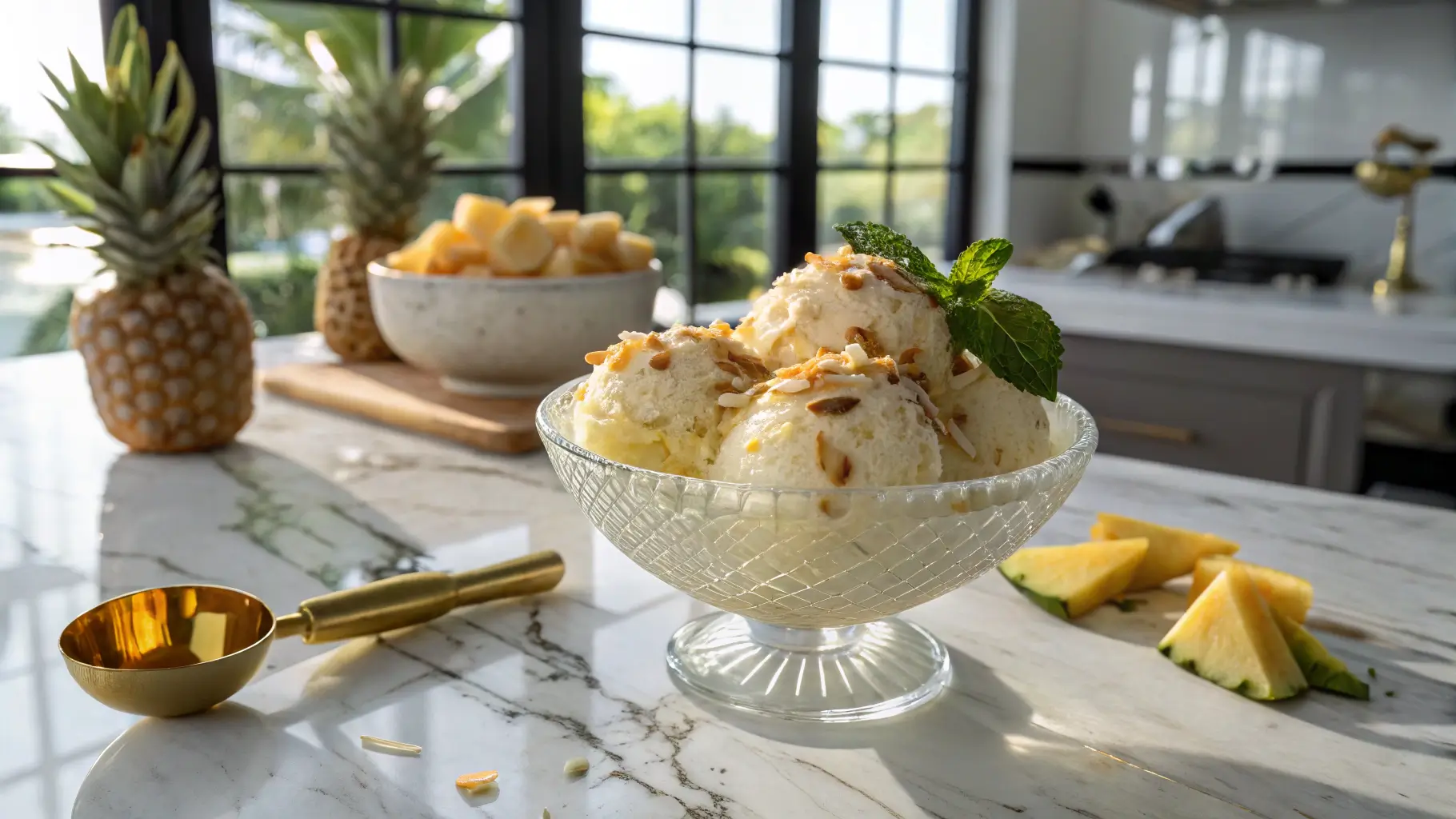 A bowl of Pineapple Paradise Ice Cream garnished with mint, coconut flakes, and pineapple wedges in a modern kitchen setting.