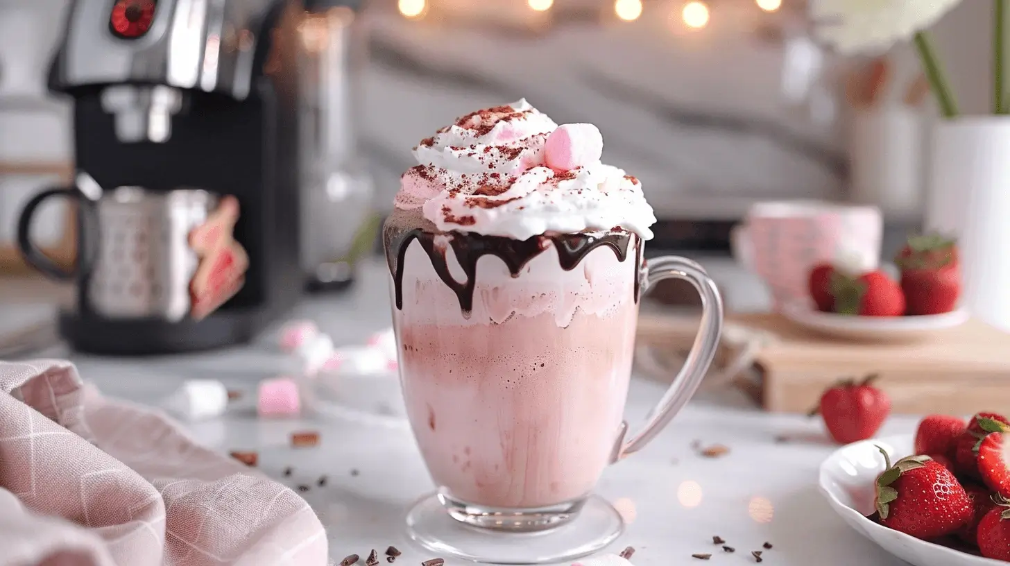 A beautifully styled mug of Strawberry Hot Chocolate in a modern kitchen, topped with whipped cream, strawberries, and marshmallows.