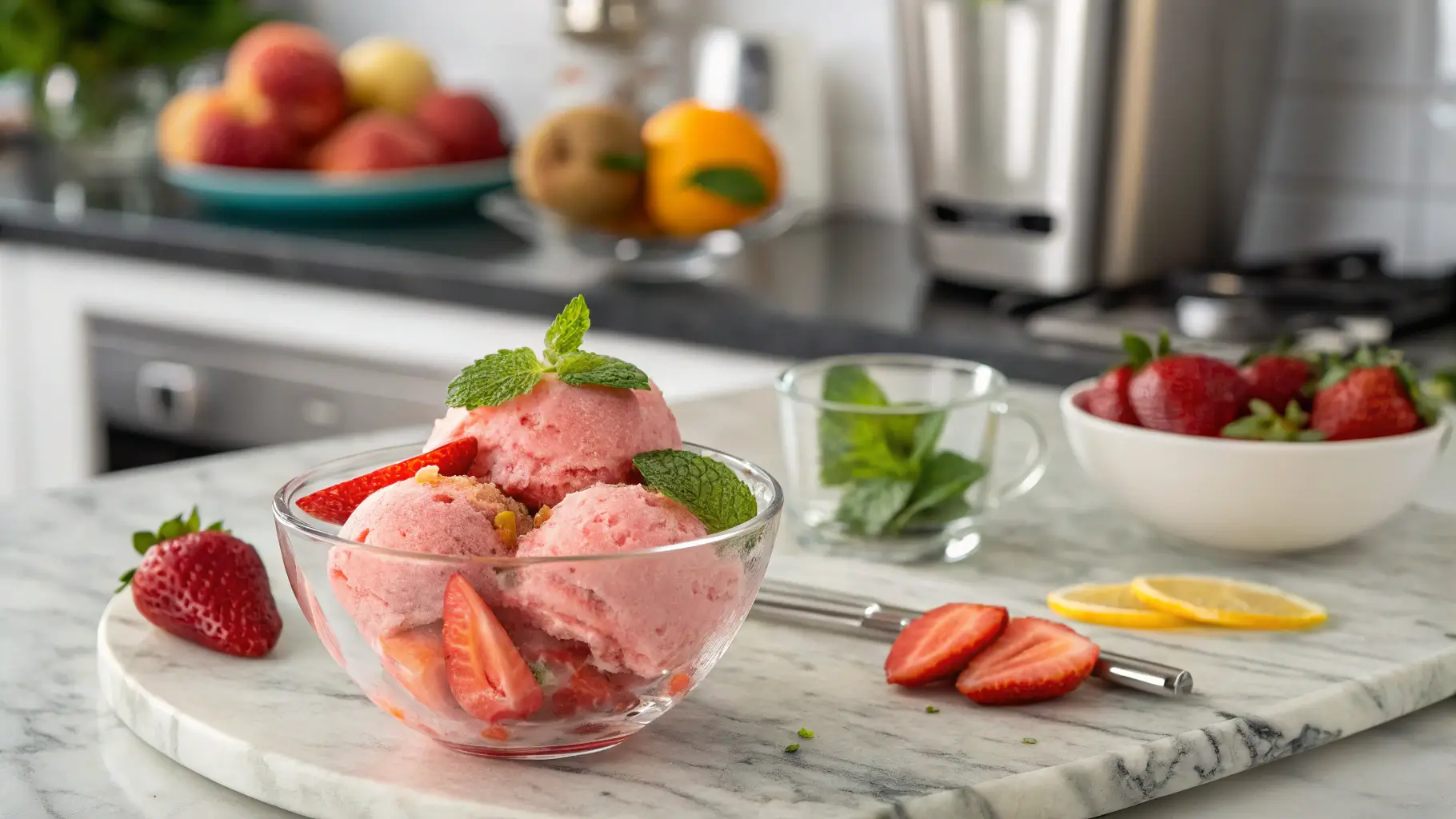 Glass bowl of strawberry sorbet garnished with mint and strawberries in a modern kitchen setting.