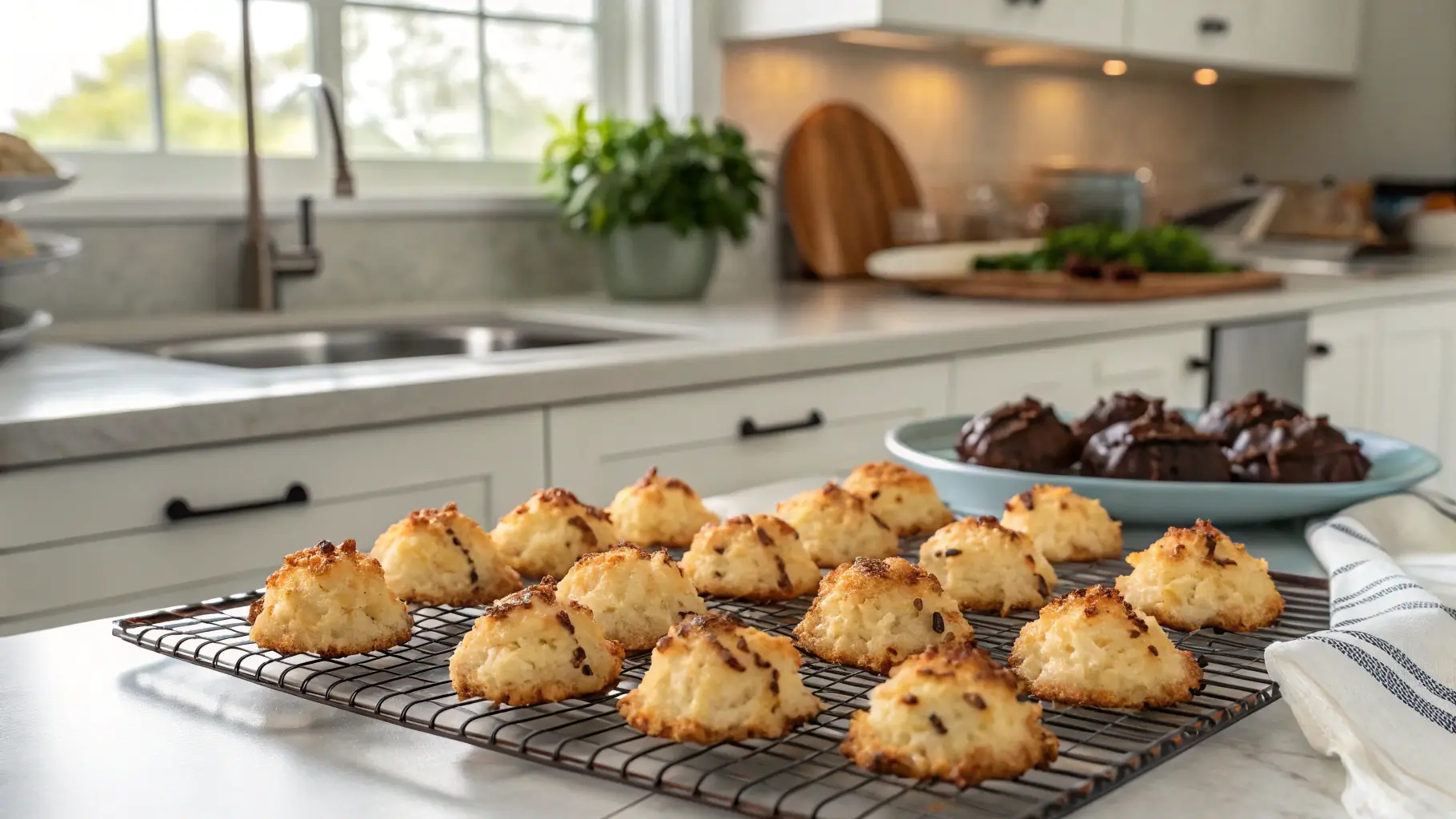 Golden coconut macaroons cooling in a modern kitchen, with a plate of finished ones drizzled in chocolate in the foreground.