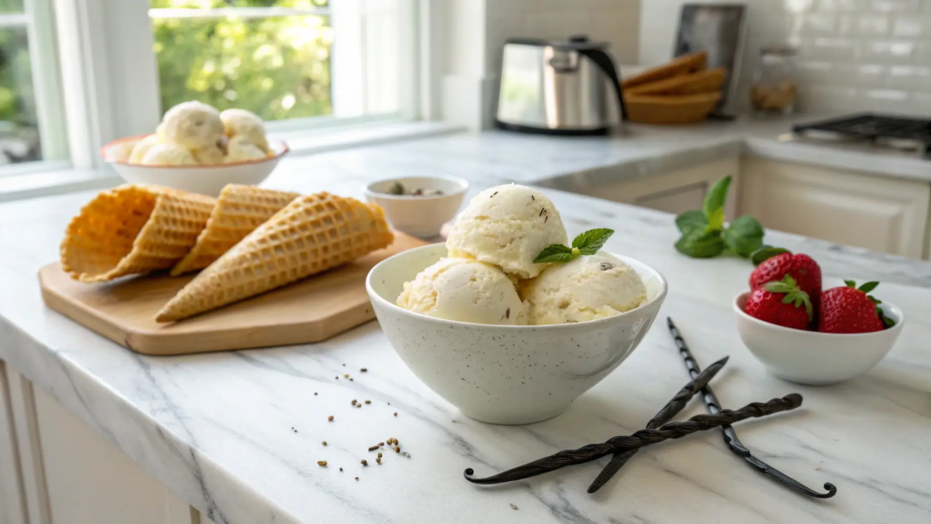 Bowl of no-churn vanilla ice cream with mint garnish, waffle cones, and strawberries, on a marble counter in a modern kitchen.