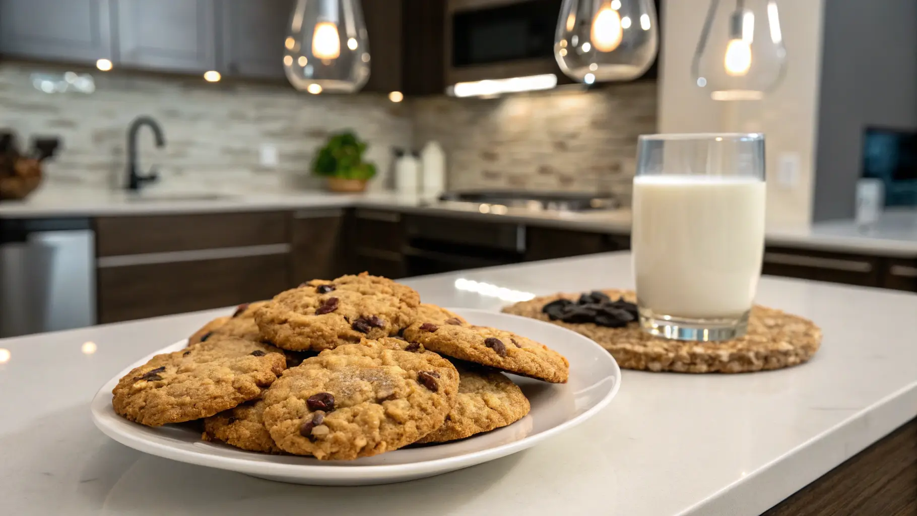 Freshly baked oatmeal raisin cookies on a plate with a glass of milk, set on a quartz island in a modern kitchen.