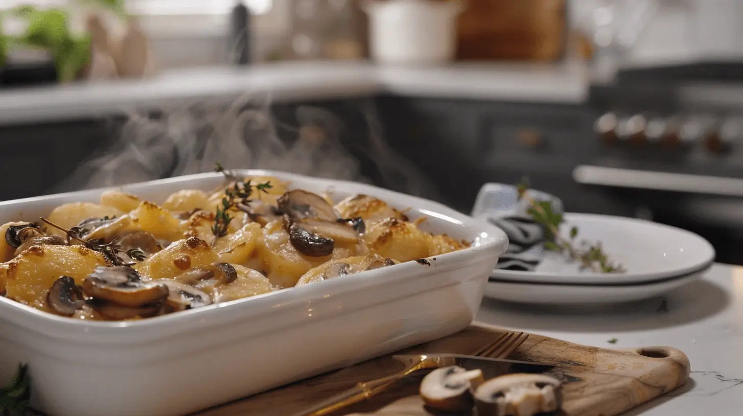 Freshly baked scalloped potatoes and mushrooms with golden top and herbs, served in a baking dish and plated in a modern kitchen setting.