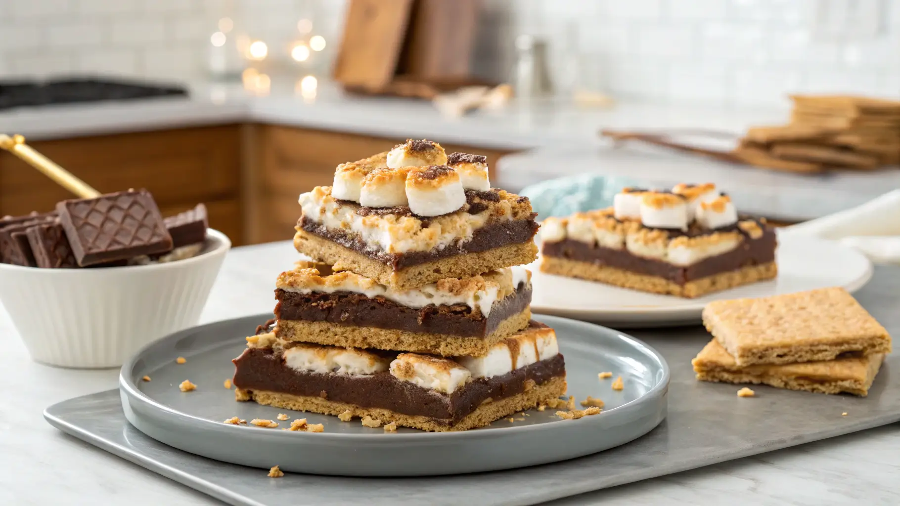 Gooey S’mores Bars stacked on a serving plate in a modern kitchen, with melted chocolate, toasted marshmallows, and crisp graham cracker crust.