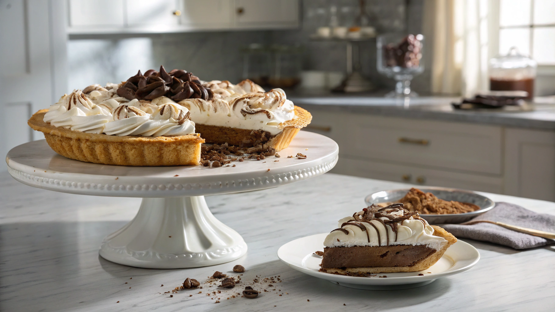 A fully finished French Silk Pie in a modern kitchen, topped with whipped cream and chocolate curls, with a slice revealing its silky interior.