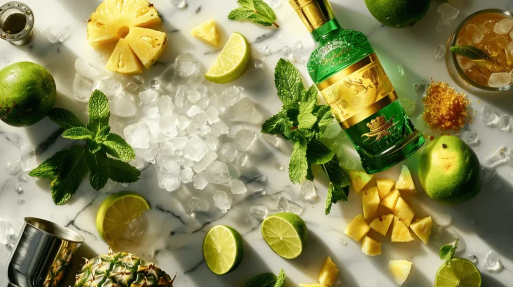 Grilled Pineapple Chartreuse Swizzle recipe Tropical ingredients laid out for a Grilled Pineapple Chartreuse Swizzle, including pineapple, lime, Green Chartreuse, mint, crushed ice, and syrup.