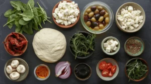 A flat-lay of Mediterranean pizza ingredients including mushrooms, olives, feta, spinach, garlic, red onion, sun-dried tomatoes, and pizza dough.