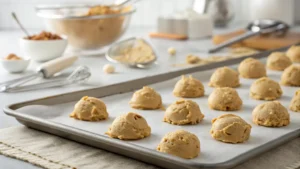 Rows of scooped peanut butter cookie dough balls on a parchment-lined baking tray ready for baking.