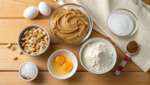 Top-down view of ingredients for peanut butter cookies including peanut butter, brown and white sugar, flour, baking soda, eggs, vanilla, and chopped peanuts.