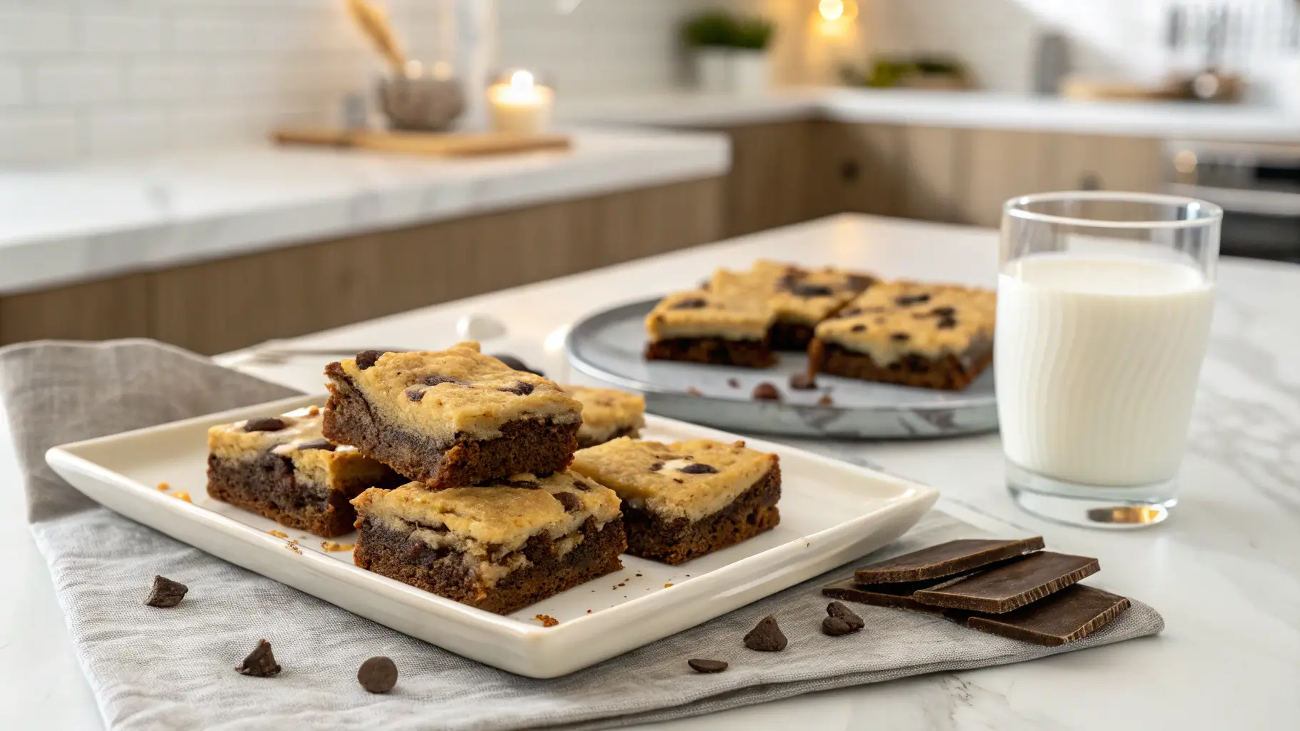 Fresh Brookies with crisp cookie tops and fudgy brownie bottoms, served on a plate in a bright modern kitchen.