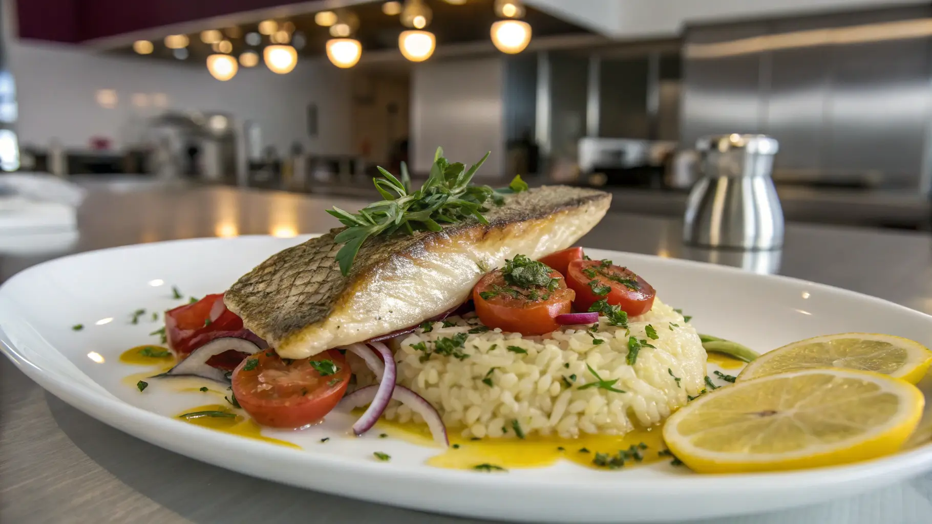 A finished bluefish meal plated with roasted vegetables, herbed rice, and lemon butter sauce in a modern kitchen setting.