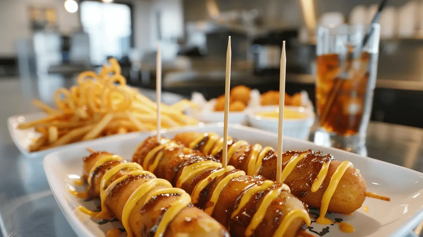 Plated golden corndogs with mustard and dipping sauces served in a modern kitchen alongside curly fries and a drink.
