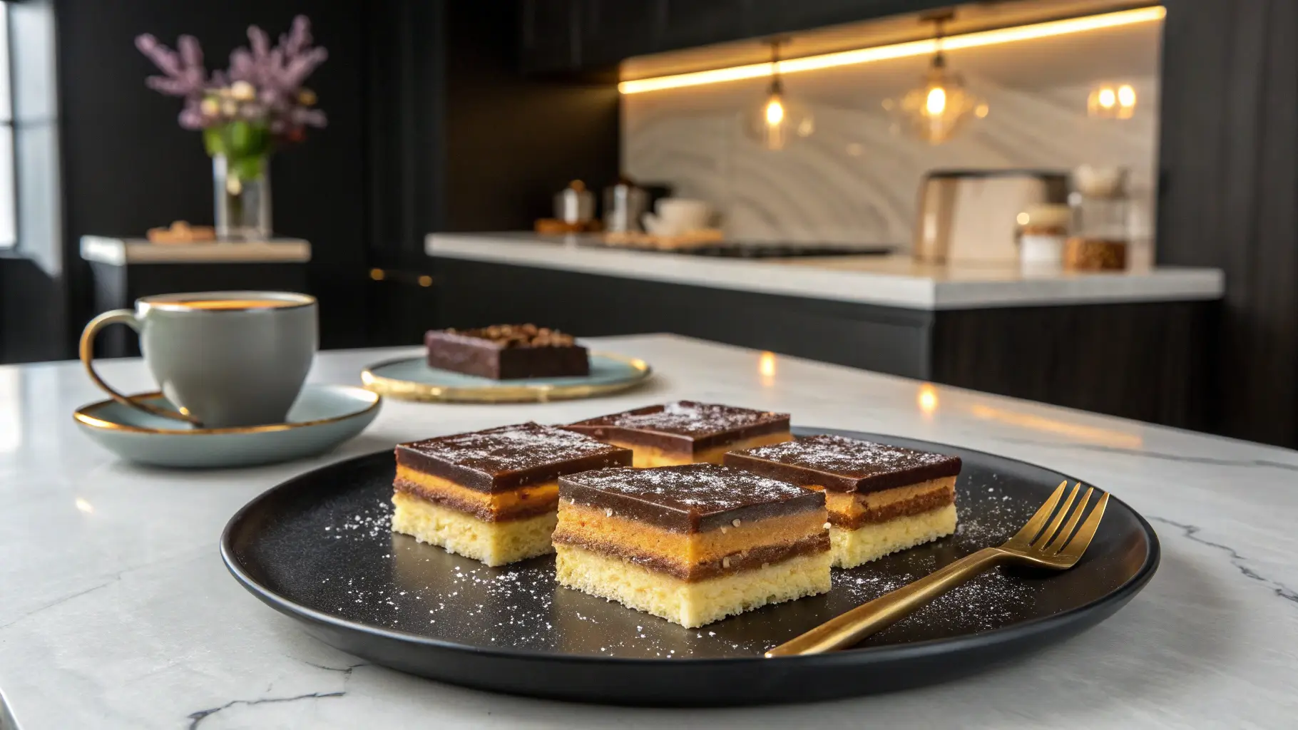Slices of Millionaire’s Shortbread plated in a modern kitchen, showing defined layers of shortbread, caramel, and chocolate topped with sea salt.
