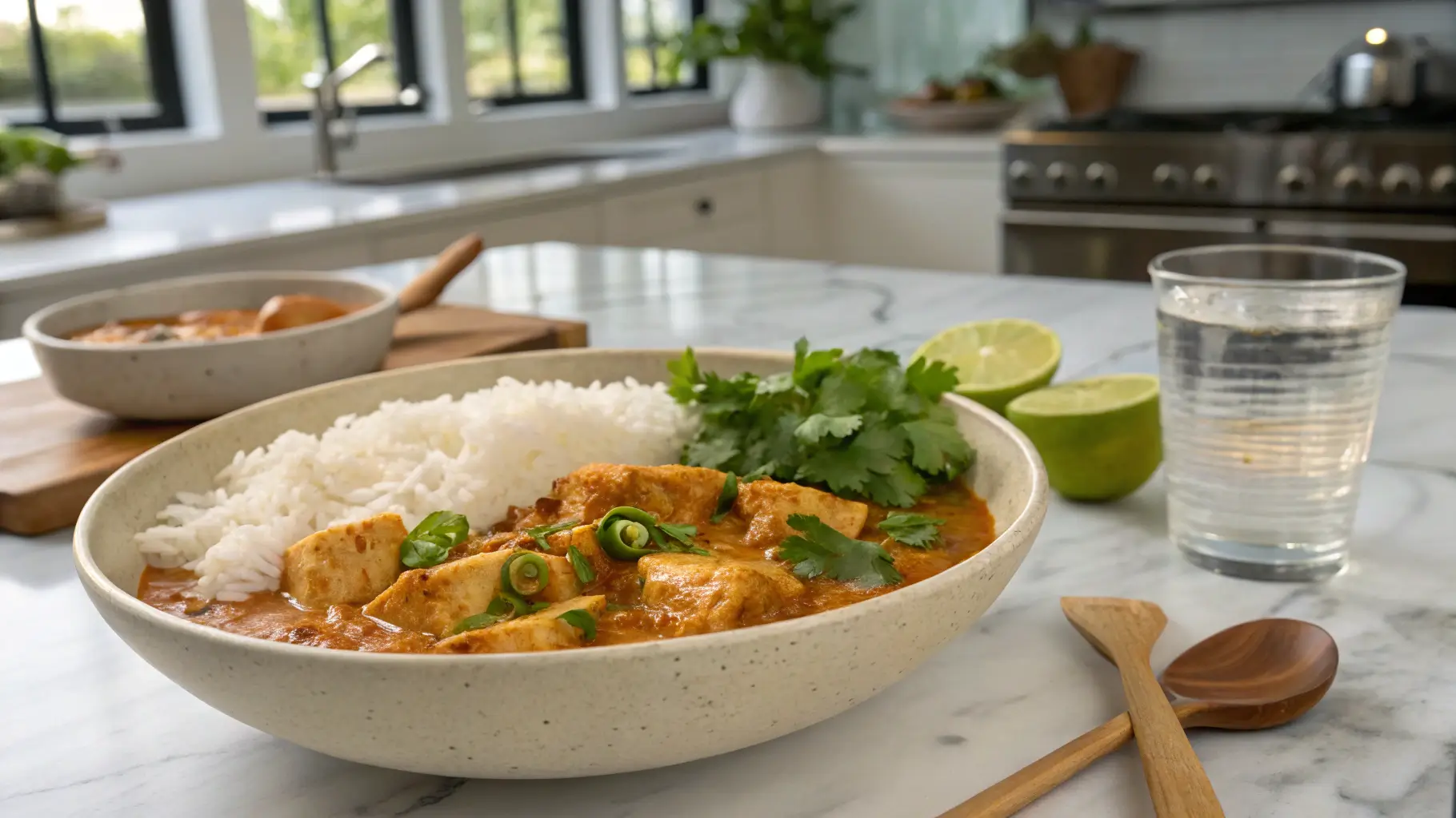 Savory fish gravy served in a bowl with rice, garnished with herbs, in a modern kitchen with clean counters and warm lighting.