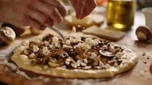 A close-up of a pizza being prepared with mushrooms, spinach, feta, olives, and herbs before baking.