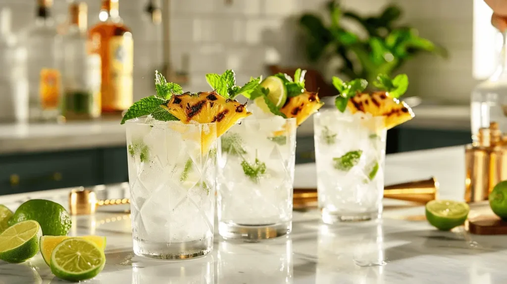 exotic cocktails Highball glasses filled with crushed ice and grilled pineapple, prepared for final mixing of a Chartreuse Swizzle cocktail.