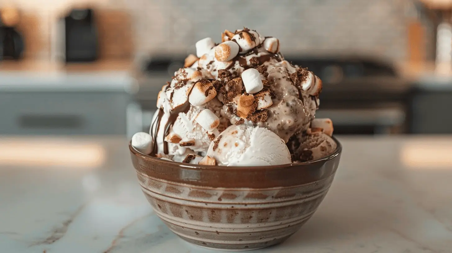 Scoops of Rocky Road Ice Cream in a bowl, topped with fudge drizzle, marshmallows, and almonds, placed in a modern kitchen setting.
