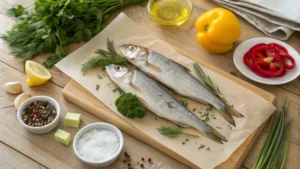 Top-down view of fresh whiting fish, herbs, lemon, garlic, olive oil, breadcrumbs, and spices ready for a savory fish recipe.