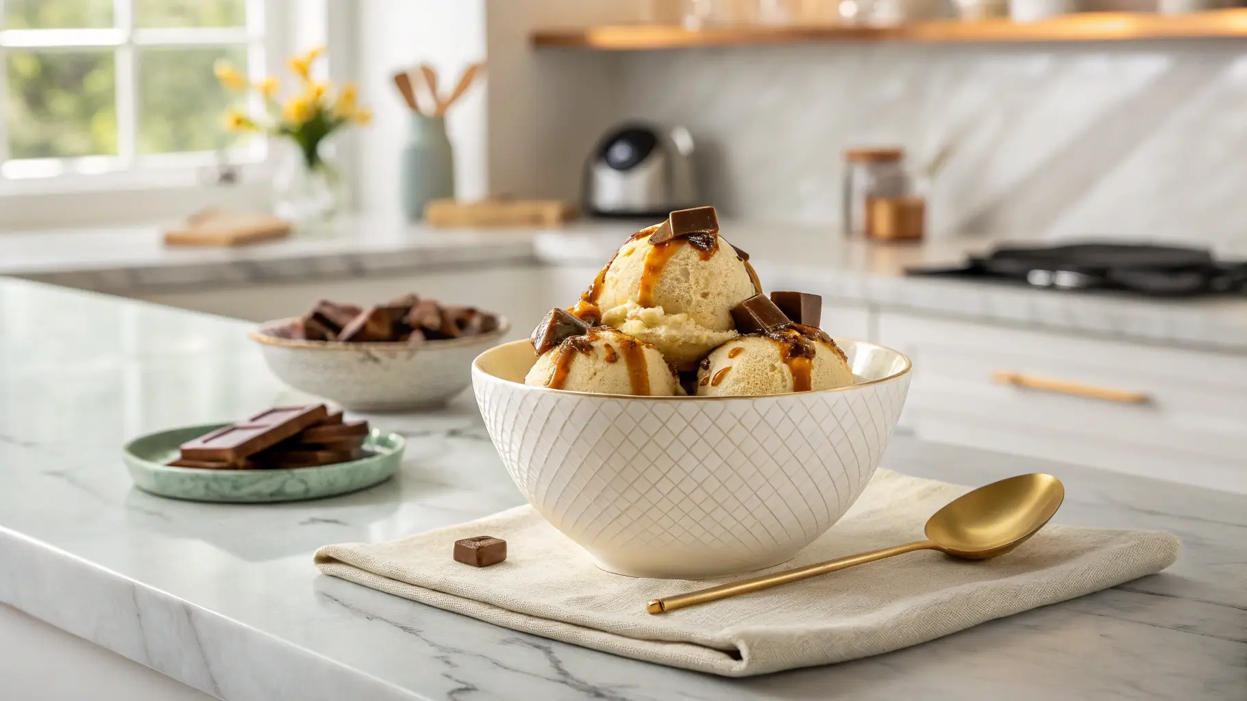 A bowl of caramel fudge ice cream served with caramel drizzle and fudge chunks in a modern kitchen setting.