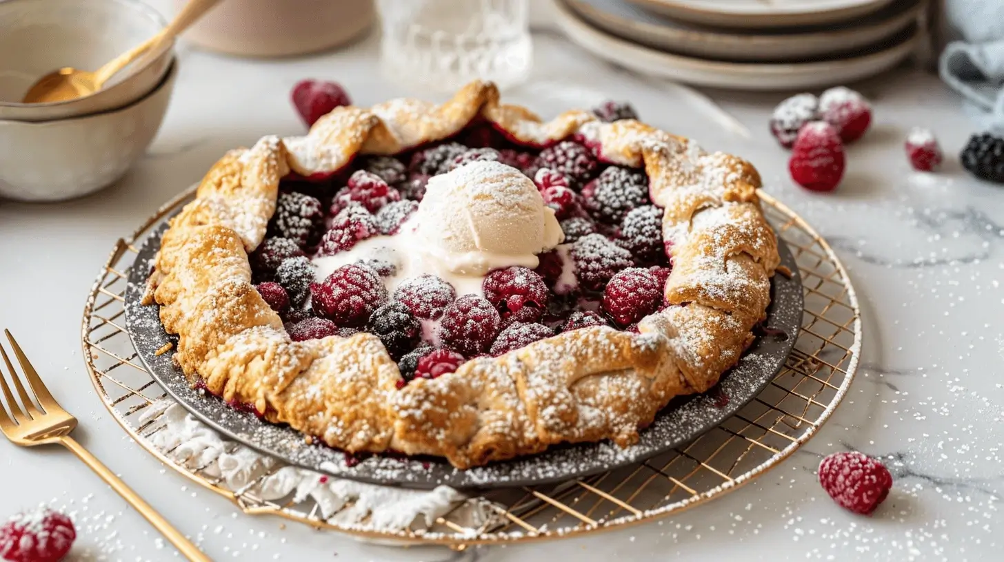 Baked mixed berry galette with golden crust and melted ice cream, plated in a modern kitchen with soft natural lighting.