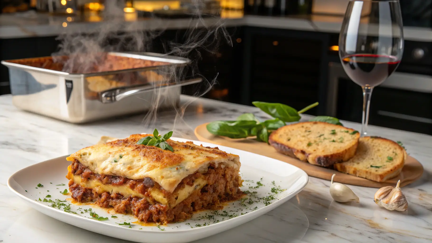 Freshly baked beef lasagna served on a plate in a modern kitchen, topped with basil and melted cheese, next to garlic bread.