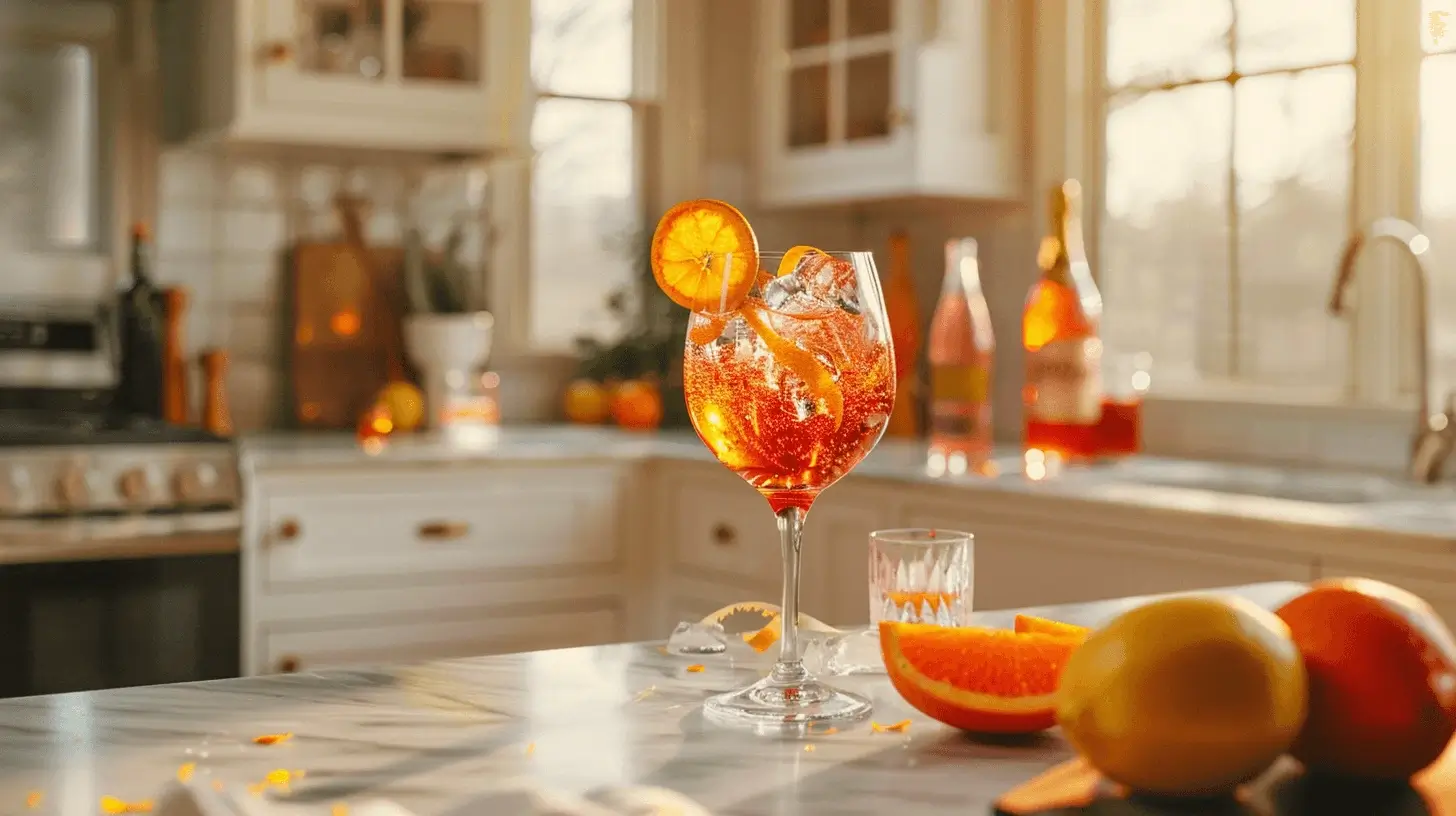 A vibrant Aperol Spritz cocktail with ice and an orange slice garnish on a modern kitchen island with fresh ingredients in the background.